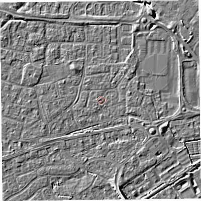 Shaded relief map of the ground around BS226DJ, computed from Environment Agency LiDAR. The ground here sits at about 6 m above sea level and falls 8 m across the surrounding 800 m. Surface water reaching this point runs off ground lying to the north-east, 1.1 m higher.