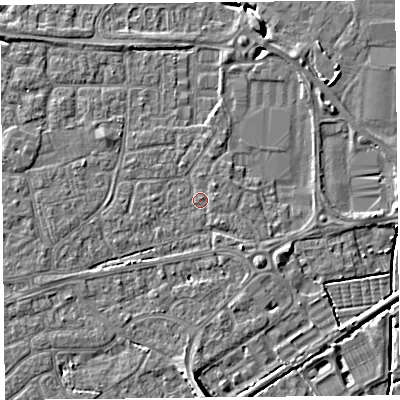 Shaded relief map of the ground around BS226DL, computed from Environment Agency LiDAR. The ground here sits at about 6 m above sea level and falls 8 m across the surrounding 800 m. Surface water reaching this point runs off ground lying to the north-east, 1.0 m higher.