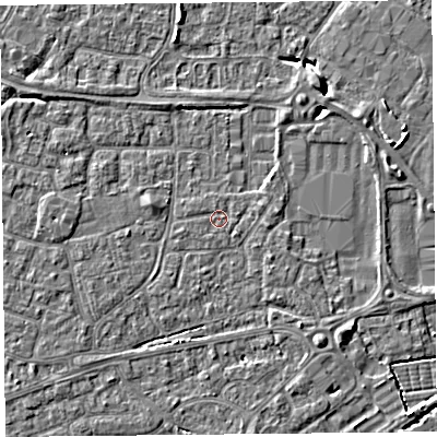 Shaded relief map of the ground around BS226DN, computed from Environment Agency LiDAR. The ground here sits at about 6 m above sea level and falls 6 m across the surrounding 800 m. The ground contributing surface water to this point lies to the north-north-west.