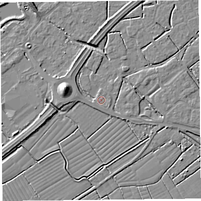 Shaded relief map of the ground around BS226DP, computed from Environment Agency LiDAR. The ground here sits at about 6 m above sea level and falls 9 m across the surrounding 800 m. Surface water reaching this point runs off ground lying to the south-east, 0.7 m higher.