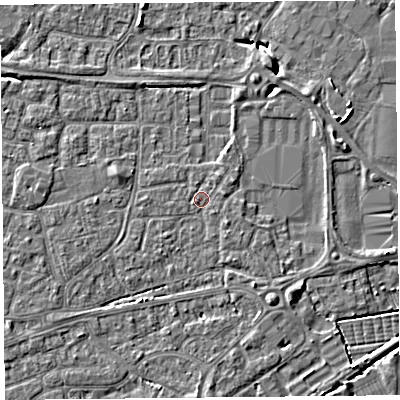Shaded relief map of the ground around BS226DQ, computed from Environment Agency LiDAR. The ground here sits at about 6 m above sea level and falls 6 m across the surrounding 800 m. Surface water reaching this point runs off ground lying to the north-east, 0.7 m higher.
