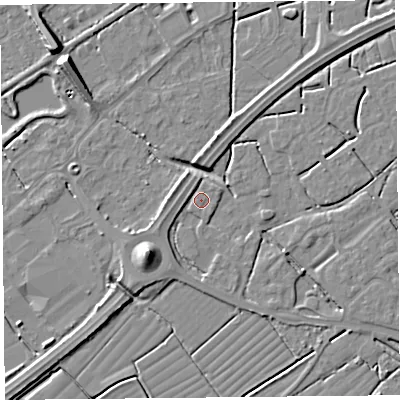 Shaded relief map of the ground around BS226DW, computed from Environment Agency LiDAR. The ground here sits at about 6 m above sea level and falls 9 m across the surrounding 800 m. Surface water reaching this point runs off ground lying to the south-west, 6.8 m higher.