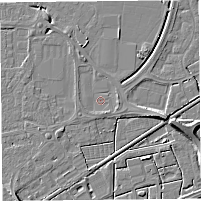 Shaded relief map of the ground around BS226DY, computed from Environment Agency LiDAR. The ground here sits at about 6 m above sea level and falls 9 m across the surrounding 800 m. Surface water reaching this point runs off ground lying to the east, 2.2 m higher.