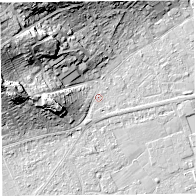 Shaded relief map of the ground around BS226ED, computed from Environment Agency LiDAR. The ground here sits at about 6 m above sea level and falls 29 m across the surrounding 800 m. Surface water reaching this point runs off ground lying to the west, 14.9 m higher.