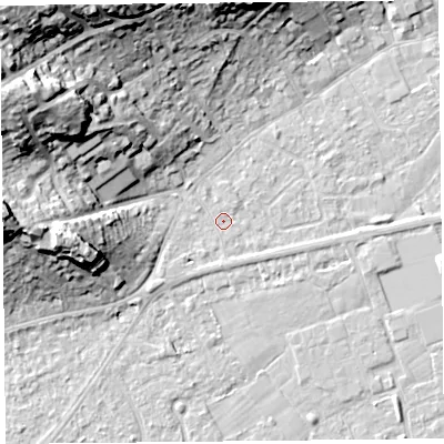 Shaded relief map of the ground around BS226EE, computed from Environment Agency LiDAR. The ground here sits at about 6 m above sea level and falls 28 m across the surrounding 800 m. Surface water reaching this point runs off ground lying to the west-north-west, 23.5 m higher.