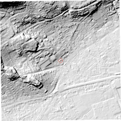 Shaded relief map of the ground around BS226EF, computed from Environment Agency LiDAR. The ground here sits at about 7 m above sea level and falls 50 m across the surrounding 800 m. Surface water reaching this point runs off ground lying to the north-west, 7.3 m higher.