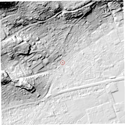 Shaded relief map of the ground around BS226EG, computed from Environment Agency LiDAR. The ground here sits at about 6 m above sea level and falls 50 m across the surrounding 800 m. Surface water reaching this point runs off ground lying to the west-north-west, 19.1 m higher.