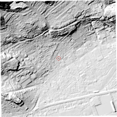 Shaded relief map of the ground around BS226EL, computed from Environment Agency LiDAR. The ground here sits at about 7 m above sea level and falls 63 m across the surrounding 800 m. Surface water reaching this point runs off ground lying to the north-west, 58.7 m higher.
