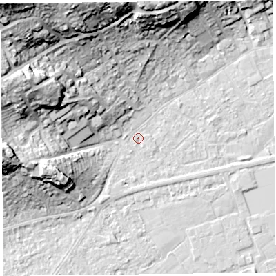 Shaded relief map of the ground around BS226EQ, computed from Environment Agency LiDAR. The ground here sits at about 6 m above sea level and falls 37 m across the surrounding 800 m. Surface water reaching this point runs off ground lying to the west-north-west, 23.5 m higher.