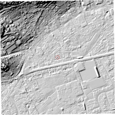 Shaded relief map of the ground around BS226EW, computed from Environment Agency LiDAR. The ground here sits at about 6 m above sea level and falls 25 m across the surrounding 800 m. Surface water reaching this point runs off ground lying to the north-west, 23.3 m higher.