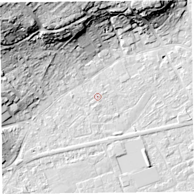 Shaded relief map of the ground around BS226EX, computed from Environment Agency LiDAR. The ground here sits at about 6 m above sea level and falls 35 m across the surrounding 800 m. The ground contributing surface water to this point lies to the south-west.