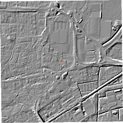 Shaded relief map of the ground around BS226FU, computed from Environment Agency LiDAR. The ground here sits at about 6 m above sea level and falls 8 m across the surrounding 800 m. Surface water reaching this point runs off ground lying to the east-north-east, 1.0 m higher.