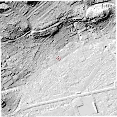 Shaded relief map of the ground around BS226HA, computed from Environment Agency LiDAR. The ground here sits at about 6 m above sea level and falls 52 m across the surrounding 800 m. Surface water reaching this point runs off ground lying to the north-north-west, 42.1 m higher.