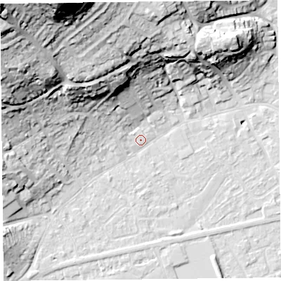 Shaded relief map of the ground around BS226HB, computed from Environment Agency LiDAR. The ground here sits at about 7 m above sea level and falls 52 m across the surrounding 800 m. Surface water reaching this point runs off ground lying to the north-north-west, 18.3 m higher.