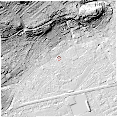 Shaded relief map of the ground around BS226HD, computed from Environment Agency LiDAR. The ground here sits at about 6 m above sea level and falls 43 m across the surrounding 800 m. Surface water reaching this point runs off ground lying to the north-north-west, 18.3 m higher.