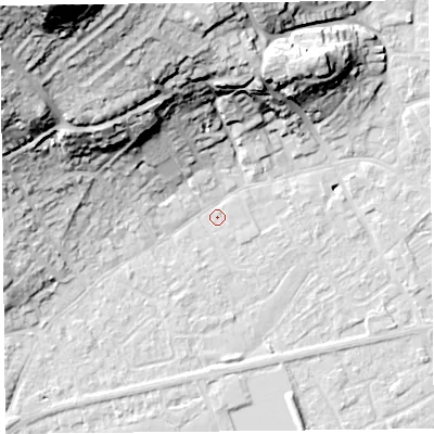 Shaded relief map of the ground around BS226HE, computed from Environment Agency LiDAR. The ground here sits at about 6 m above sea level and falls 51 m across the surrounding 800 m. Surface water reaching this point runs off ground lying to the south-south-west, 0.8 m higher.
