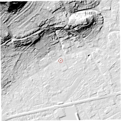 Shaded relief map of the ground around BS226HG, computed from Environment Agency LiDAR. The ground here sits at about 6 m above sea level and falls 56 m across the surrounding 800 m. Surface water reaching this point runs off ground lying to the north-west, 12.4 m higher.