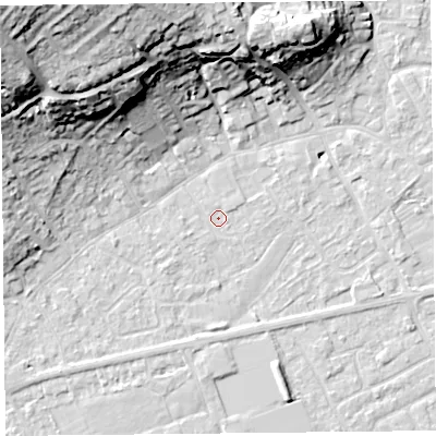 Shaded relief map of the ground around BS226HN, computed from Environment Agency LiDAR. The ground here sits at about 6 m above sea level and falls 35 m across the surrounding 800 m. Surface water reaching this point runs off ground lying to the east-north-east, 0.5 m higher.