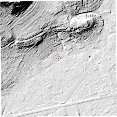 Shaded relief map of the ground around BS226HQ, computed from Environment Agency LiDAR. The ground here sits at about 6 m above sea level and falls 62 m across the surrounding 800 m. Surface water reaching this point runs off ground lying to the north-west, 18.3 m higher.