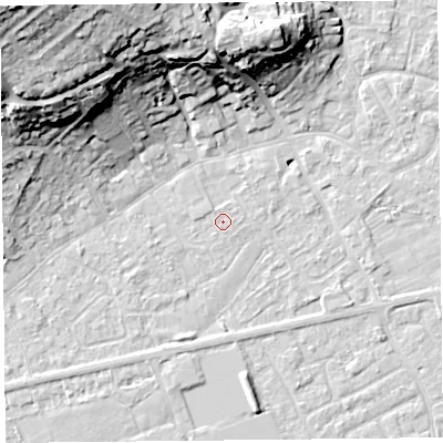 Shaded relief map of the ground around BS226HR, computed from Environment Agency LiDAR. The ground here sits at about 6 m above sea level and falls 34 m across the surrounding 800 m. Surface water reaching this point runs off ground lying to the north-north-east, 0.6 m higher.
