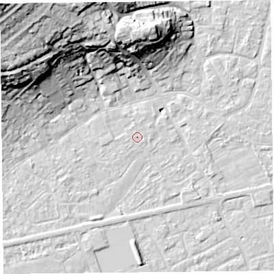 Shaded relief map of the ground around BS226HS, computed from Environment Agency LiDAR. The ground here sits at about 6 m above sea level and falls 37 m across the surrounding 800 m. The ground contributing surface water to this point lies to the south-south-west.