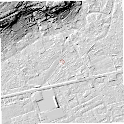 Shaded relief map of the ground around BS226HT, computed from Environment Agency LiDAR. The ground here sits at about 6 m above sea level and falls 27 m across the surrounding 800 m. Surface water reaching this point runs off ground lying to the south-west, 1.1 m higher.