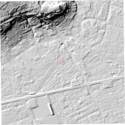 Shaded relief map of the ground around BS226HU, computed from Environment Agency LiDAR. The ground here sits at about 6 m above sea level and falls 29 m across the surrounding 800 m. Surface water reaching this point runs off ground lying to the south-east, 1.4 m higher.