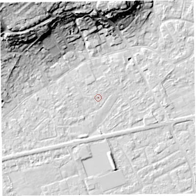 Shaded relief map of the ground around BS226HW, computed from Environment Agency LiDAR. The ground here sits at about 6 m above sea level and falls 29 m across the surrounding 800 m. The ground contributing surface water to this point lies to the north-east.