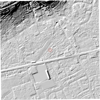 Shaded relief map of the ground around BS226HX, computed from Environment Agency LiDAR. The ground here sits at about 6 m above sea level and falls 24 m across the surrounding 800 m. Surface water reaching this point runs off ground lying to the south-west, 1.2 m higher.