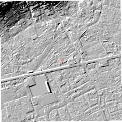 Shaded relief map of the ground around BS226HY, computed from Environment Agency LiDAR. The ground here sits at about 6 m above sea level and falls 22 m across the surrounding 800 m. Surface water reaching this point runs off ground lying to the east, 1.1 m higher.
