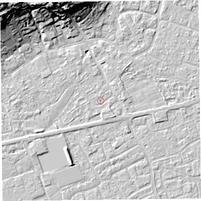 Shaded relief map of the ground around BS226HZ, computed from Environment Agency LiDAR. The ground here sits at about 6 m above sea level and falls 24 m across the surrounding 800 m. Surface water reaching this point runs off ground lying to the south-east, 1.4 m higher.