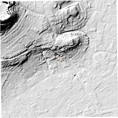 Shaded relief map of the ground around BS226JB, computed from Environment Agency LiDAR. The ground here sits at about 8 m above sea level and falls 60 m across the surrounding 800 m. Surface water reaching this point runs off ground lying to the north-north-west, 14.9 m higher.