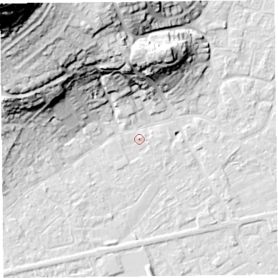 Shaded relief map of the ground around BS226JD, computed from Environment Agency LiDAR. The ground here sits at about 6 m above sea level and falls 60 m across the surrounding 800 m. Surface water reaching this point runs off ground lying to the east-south-east, 0.8 m higher.