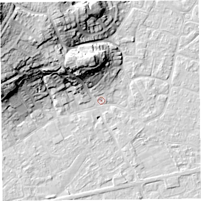 Shaded relief map of the ground around BS226JG, computed from Environment Agency LiDAR. The ground here sits at about 6 m above sea level and falls 35 m across the surrounding 800 m. Surface water reaching this point runs off ground lying to the west-north-west, 31.2 m higher.