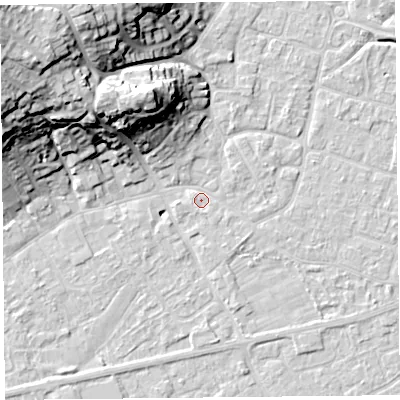 Shaded relief map of the ground around BS226JJ, computed from Environment Agency LiDAR. The ground here sits at about 6 m above sea level and falls 29 m across the surrounding 800 m. Surface water reaching this point runs off ground lying to the south-east, 1.1 m higher.