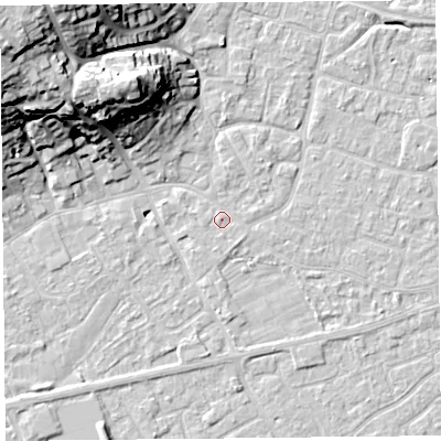 Shaded relief map of the ground around BS226JL, computed from Environment Agency LiDAR. The ground here sits at about 6 m above sea level and falls 26 m across the surrounding 800 m. Surface water reaching this point runs off ground lying to the north-west, 26.0 m higher.