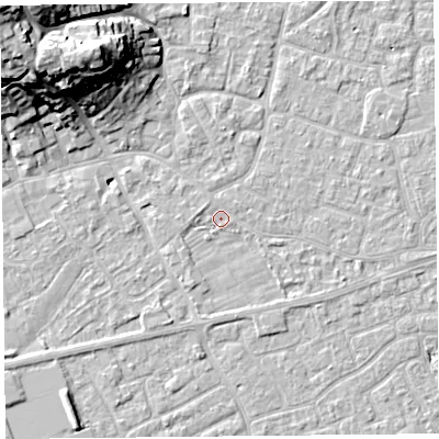 Shaded relief map of the ground around BS226JN, computed from Environment Agency LiDAR. The ground here sits at about 6 m above sea level and falls 24 m across the surrounding 800 m. Surface water reaching this point runs off ground lying to the west-north-west, 1.2 m higher.