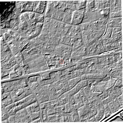 Shaded relief map of the ground around BS226JP, computed from Environment Agency LiDAR. The ground here sits at about 6 m above sea level and falls 16 m across the surrounding 800 m. Surface water reaching this point runs off ground lying to the east-south-east, 0.8 m higher.