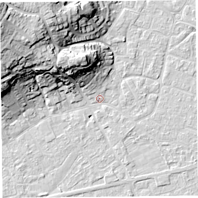 Shaded relief map of the ground around BS226JQ, computed from Environment Agency LiDAR. The ground here sits at about 6 m above sea level and falls 32 m across the surrounding 800 m. Surface water reaching this point runs off ground lying to the north-west, 29.8 m higher.