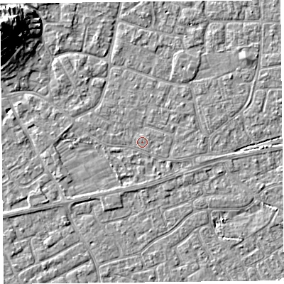 Shaded relief map of the ground around BS226JR, computed from Environment Agency LiDAR. The ground here sits at about 6 m above sea level and falls 20 m across the surrounding 800 m. The ground contributing surface water to this point lies to the north-east.