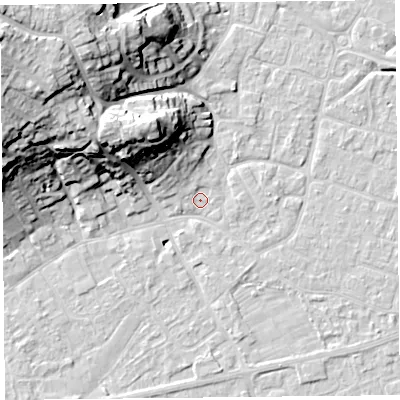 Shaded relief map of the ground around BS226JT, computed from Environment Agency LiDAR. The ground here sits at about 6 m above sea level and falls 29 m across the surrounding 800 m. Surface water reaching this point runs off ground lying to the west-north-west, 27.1 m higher.