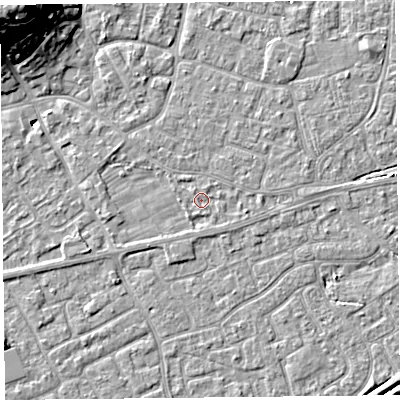 Shaded relief map of the ground around BS226JU, computed from Environment Agency LiDAR. The ground here sits at about 6 m above sea level and falls 20 m across the surrounding 800 m. Surface water reaching this point runs off ground lying to the west-north-west, 1.2 m higher.