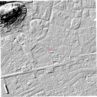 Shaded relief map of the ground around BS226JW, computed from Environment Agency LiDAR. The ground here sits at about 6 m above sea level and falls 20 m across the surrounding 800 m. Surface water reaching this point runs off ground lying to the west-north-west, 1.2 m higher.