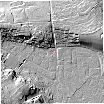 Shaded relief map of the ground around BS226JZ, computed from Environment Agency LiDAR. The ground here sits at about 6 m above sea level and falls 27 m across the surrounding 800 m. Surface water reaching this point runs off ground lying to the north-north-west, 8.8 m higher.