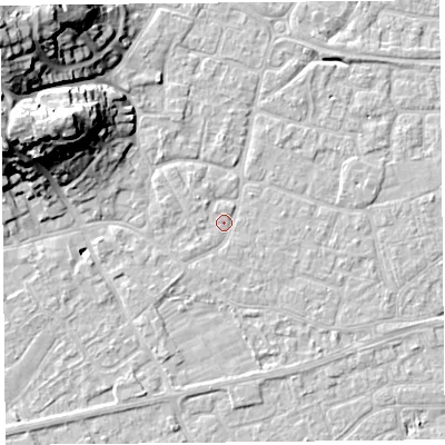 Shaded relief map of the ground around BS226LA, computed from Environment Agency LiDAR. The ground here sits at about 6 m above sea level and falls 25 m across the surrounding 800 m. Surface water reaching this point runs off ground lying to the west-north-west, 20.1 m higher.