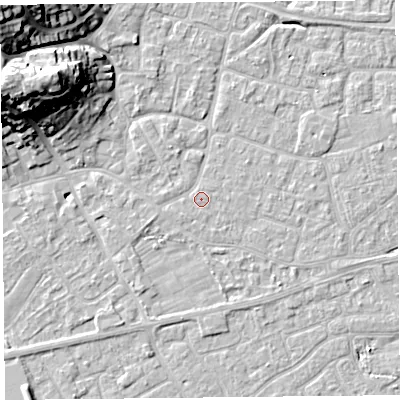 Shaded relief map of the ground around BS226LB, computed from Environment Agency LiDAR. The ground here sits at about 6 m above sea level and falls 23 m across the surrounding 800 m. The ground contributing surface water to this point lies to the west.
