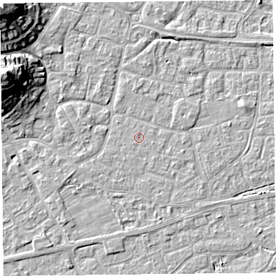 Shaded relief map of the ground around BS226LD, computed from Environment Agency LiDAR. The ground here sits at about 6 m above sea level and falls 20 m across the surrounding 800 m. The ground contributing surface water to this point lies to the south-south-west.