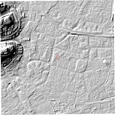 Shaded relief map of the ground around BS226LE, computed from Environment Agency LiDAR. The ground here sits at about 6 m above sea level and falls 21 m across the surrounding 800 m. The ground contributing surface water to this point lies to the west-south-west.
