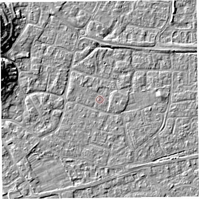 Shaded relief map of the ground around BS226LF, computed from Environment Agency LiDAR. The ground here sits at about 6 m above sea level and falls 10 m across the surrounding 800 m. Surface water reaching this point runs off ground lying to the north-north-west, 0.6 m higher.