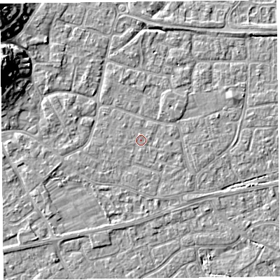 Shaded relief map of the ground around BS226LG, computed from Environment Agency LiDAR. The ground here sits at about 6 m above sea level and falls 14 m across the surrounding 800 m. Surface water reaching this point runs off ground lying to the west-south-west, 0.6 m higher.